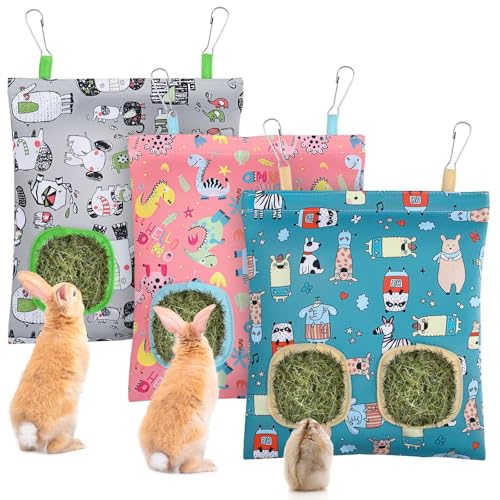 UPINS 3Pack Guinea Pig Hay Feeder Bag,Bunny Rabbit Cage Bag Hanging Holder | Guinea Pig Cage Feeder,for Bunny Rabbits,Chinchillas,Hamsters,Small Pets,and Animals - color: Pink Blue Gray
