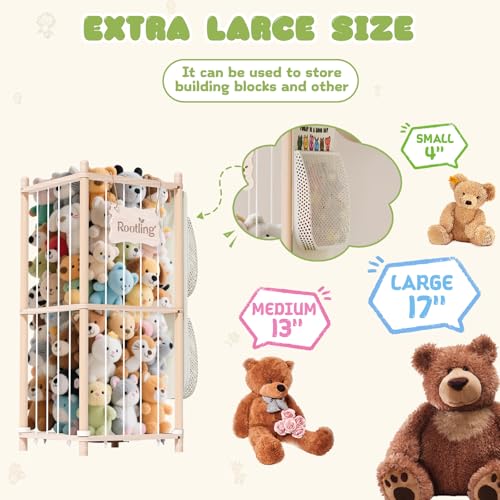 Stuffed Animal Storage & Organizer, 54 inch Tall Wooden Cute Zoo Toy Holder w/Building Block Storage Bag, Premium Wooden Material with Elastic Cord for Toddler Rooms, Playrooms (Small) - color: Natural, size: Small