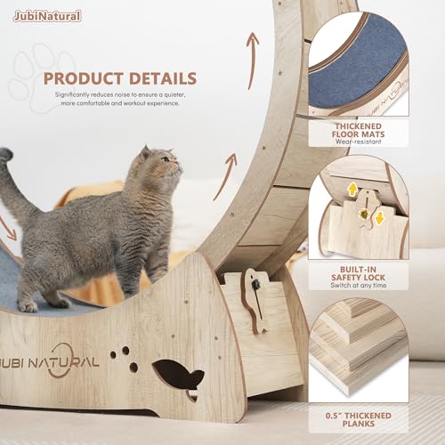 43" Cat Exercise Wheel, Quiet Treadmill with Removable Carpet | 50 lb capacity, TPE low-noise rollers, under 6 mm anti-pinch gap, safety lock, removable carpet and stable base - color: WOOD, size: 43"