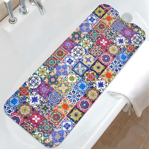 Boho Bathtub Mat Non Slip, Vintage Bath Tub Mat Baby Bath Mats for Bathroom Anti Slip Shower Mats for Inside Shower, Colorful Floral Bathmat with Suction and Drain Holes Machine Washable, 40″x16″ - color: D03, size: 40" x 16" (Rectangular)