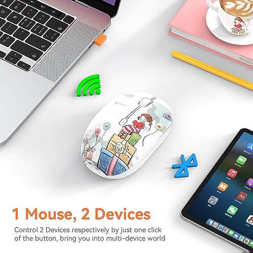 FMOUSE Cute Cartoon Silent Wireless Mouse, Dual Mode Bluetooth & USB 2.4G | Girl Pattern, Ideal for Kids Students Female & Office Use | AA Battery Powered | Compatible with Laptop Mac iPad Tablet PC - color: Girl