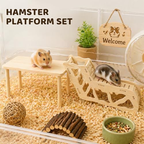 3 Pack Wooden Hamster Play Platform, 3-in-1 Natural Small Pet Playground with Tunnel, Ladder & Hidden Rest Area, Wooden Support Column Cage Accessories for Hamsters, Squirrels & Tiny Pets