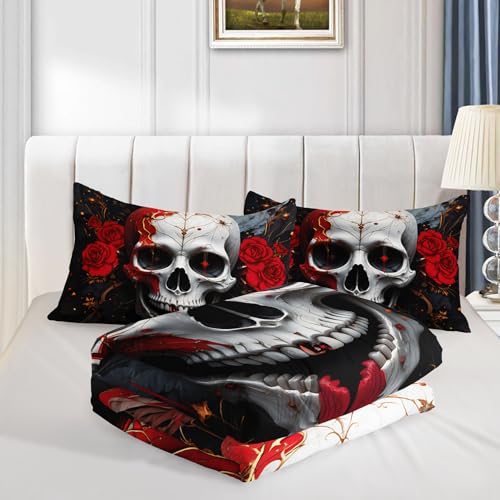HOSIMA Death Skull Queen Bedding Sets for Boys,Symmetrical Skull Surrounded by Red Roses Print Gothic Comforter Set,Horror Themed Halloween Comforter for Teens Girls Room Decor with 2 Pillowcases. - color: Black-white, size: Queen