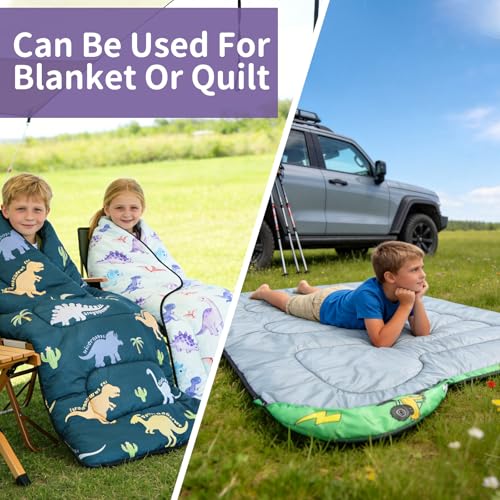 Kids Sleeping Bags - Camping Sleeping Bags with Carry Bag - Compact Sleeping Bag for Hiking, Backpacking 3 Season Warm & Cool Weather, Lightweight Waterproof Outdoor Travel for Boys Girls - color: Purple Dinosaur