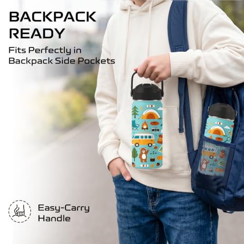 Camping 16 oz Water Bottle with Straw – Kids Stainless Steel Vacuum Insulated Cup, Leakproof Straw Lid, Reusable Travel Mug for Outdoor Sports - color: Camping1