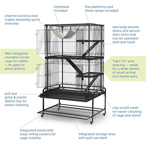 Prevue Pet Products Deluxe Critter Cage - Large 4-Level Metal Small Animal Habitat with Platforms, Ramps, Plush Hammock, Roll-Around Stand & Removable Clean Tray