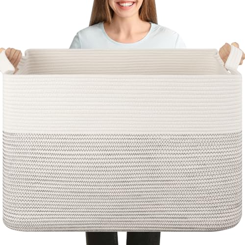 OIASKET 108L Cotton Rope Storage Basket for Living Room and Bedroom 25"x16"x16" Woven Laundry Basket, Heavy Duty Bin for Blankets, Pillows & Toys, Pet-Safe & Scratch-Free, Black and White - color: Black & White
