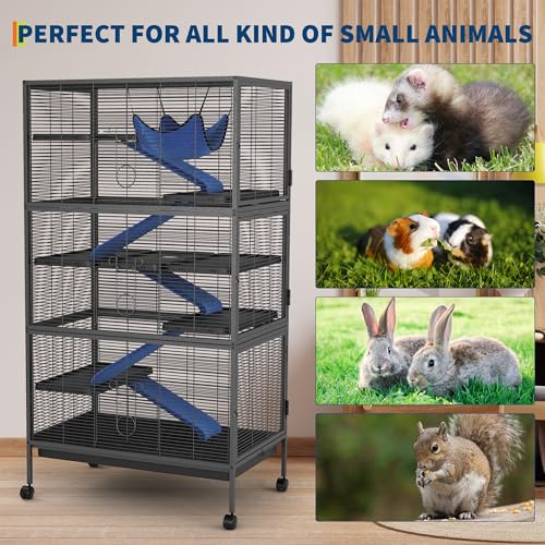 50" Large Metal Ferret Cage, Small Animal Habitat with Lockable Doors, Ramps, Wheels, Storage Cabinet, Multi-Level Chinchilla Cage for Chinchillas, Ferrets, Guinea Pigs, Rats, Hammock(Black) - size: 50in