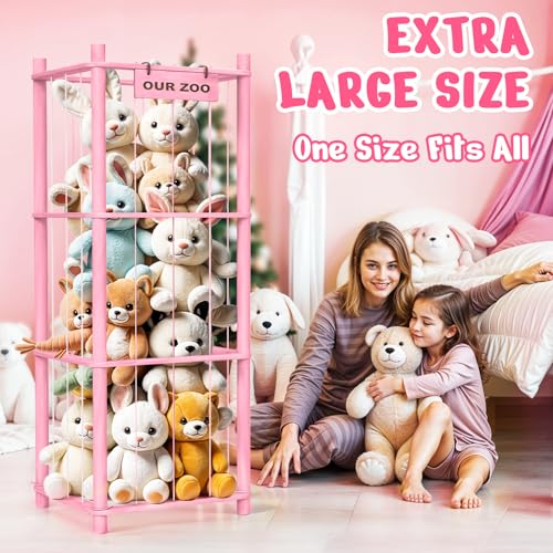 Woodure Stuffed Animal Storage & Organizer, Wooden Cute Zoo Toy Holder for Toddler Rooms, Playrooms & Bedrooms（Pink） - color: Pink
