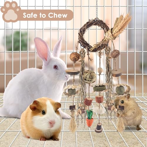 Bissap Bunny Chew Toy, Rabbit Cage Hanging Chewing Toy Treat Christmas Grapevine Wreaths Rattan Ring with Snack Water Grass for Guinea Pig Chinchilla Hamster Rat and Other Small Pet Teeth Grinding - style: Wheat & Vine