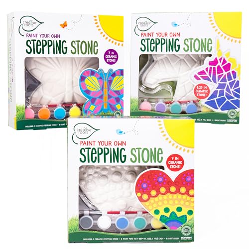 Creative Roots Paint Your Own Stepping Stones Multipack with Butterfly, Unicorn, & Heart, 3 Ceramic Stepping Stones (7 Inch Each), 18 Acrylic Paints, 3 Paintbrushes, Ages 8+ - style: 3 Pack Mystical