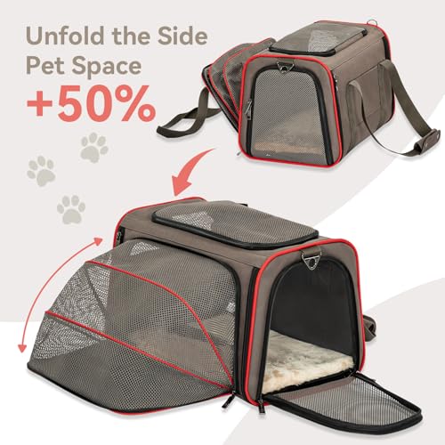 Petsfit Expandable Cat Carrier Dog Carriers,Airline Approved Soft-Sided Portable Pet Travel Washable Carrier for Kittens,Puppies,Removable Soft Plush mat and Pockets,Locking Safety Zippers | 17 x 11 x 11 in; sized for Delta Air Lines, with locking zippers