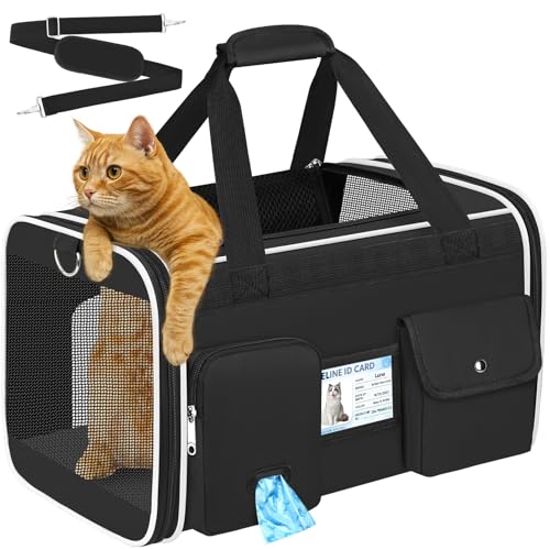 HUANLANG Large Cat Carrier Soft Sided Travel Pet Carrier Airline Approved | Dog Carriers for Small Dogs Medium Cats,Collapsible,3 Storage,zipper lock,Reflective strips,Luggage Strap,Up to 15 Lbs, Black - color: Black 1