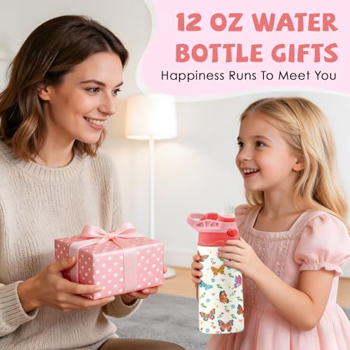 Butterfly 12 oz Water Bottle with Straw – Kids Stainless Steel Vacuum Insulated Cup, Leakproof Pop-Up Spout, Reusable Travel Mug for Boys and Girls Outdoor Sports - color: Butterfly1