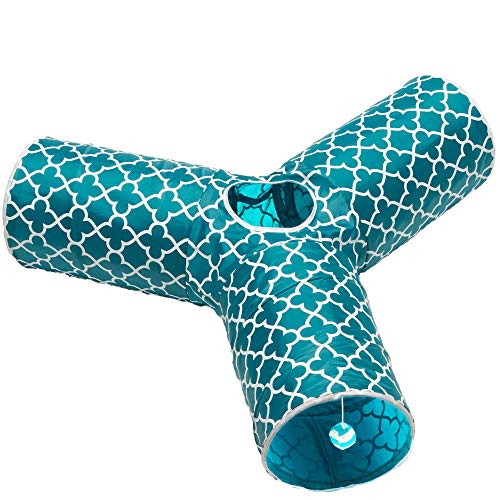 Cat Tunnel - Collapsible 3 Way Quatrefoil Play Toy - Tube Fun for Rabbits, Kittens, and Dogs - Quatrefoil Teal/White - color: Teal/White