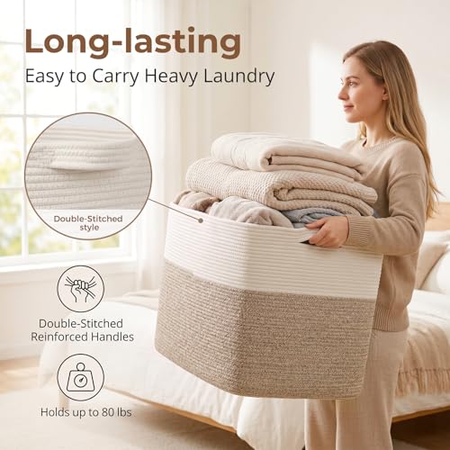 OIASKET 108L Cotton Rope Storage Basket for Living Room and Bedroom 25"x16"x16" Woven Laundry Basket, Heavy Duty Bin for Blankets, Pillows & Toys, Pet-Safe & Scratch-Free, Brown and White - color: Brown & White