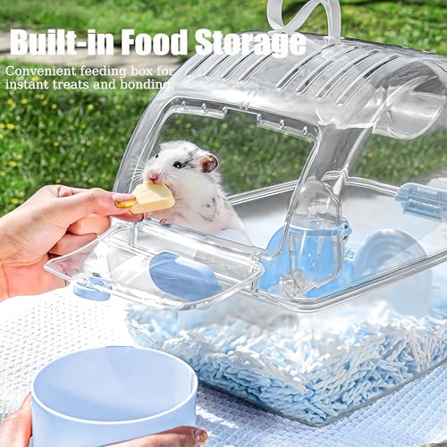 Small Portable Hamster Cages,Big Size(13×8.2×10.8'') Hamster Carrier with Water Bottle,Dwarf Hamster Travel Cage with Storage Box,360º Transparent Acrylic Pet Travel Carrier,Mouse Gerbil Cage(Blue)