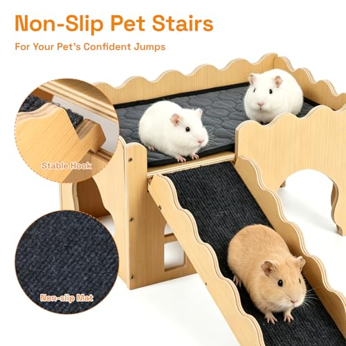 Wooden Guinea Pig Hideout Cave House, Guinea Pig Castle with Natural Cave-Style Entrance, Large Small Animal Habitat with Stairs, Waterproof Liner, Easy Assembly for Guinea Pigs, Rabbits & Hamsters - color: Cave Hideout
