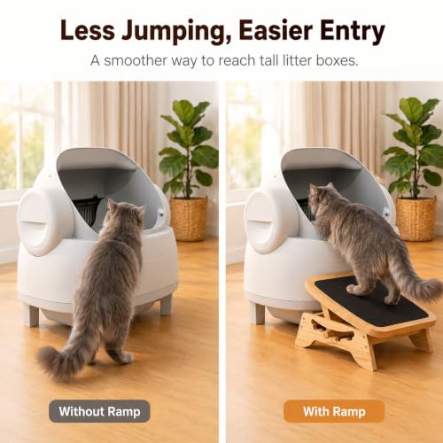 Wooden Litter Box Ramp, 4-Position Adjustable Cat Step for Automatic | and High-Entry Litter Boxes, Stable Elevated Pet Step for Senior Cats, Kittens and Small Cats