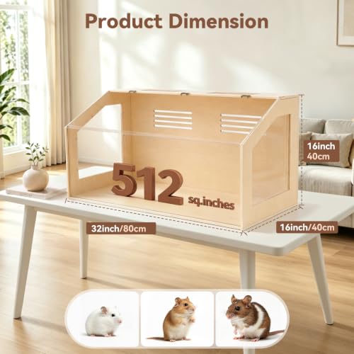 Hamster Cage, 32x16x16inch Hamster Tank with Acrylic Viewing Panels, Openable Top & Water-Resistant Base for Fancy Rat, Gerbil, Medium - size: 32.0"L x 16.0"W x 16.0"H