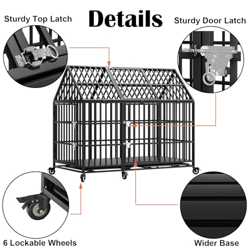 61 inch Heavy Duty Indestructible Dog Crate, Escape-Proof Chewproof Pet Kennel for Large Giant Dogs, Steel Indoor High Anxiety Cage with 6 Wheels, 6 Locks, 2 Trays, 3 Doors, Extra Large XL XXL - size: 60.2"L x 32.7"W x 50.8"H