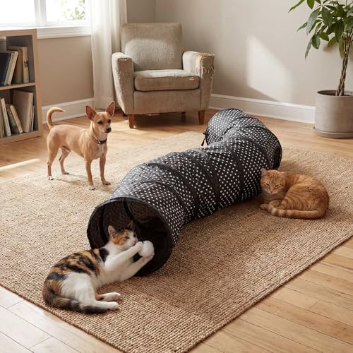 Cat Tunnel Collapsible, More Interactive Indoor Play Toy Tube for Cats & Kittens with Hanging Ball and Peekaboo Holes(S) - size: S