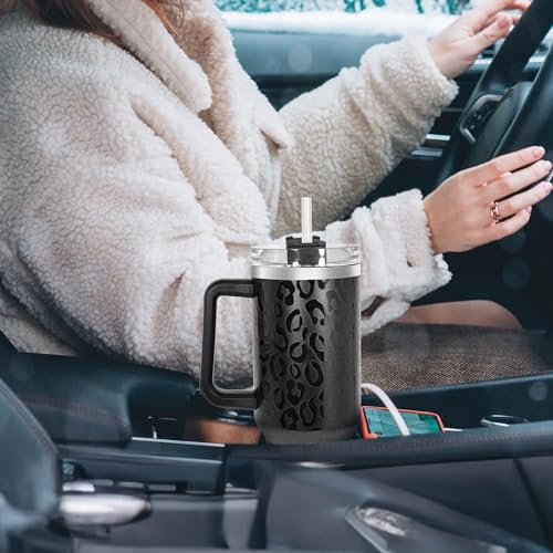 40 oz Tumbler with Handle and Straw, 100% Leak-Proof Travel Mug, Stainless Steel Double Wall Vacuum Insulated Coffee Cup Keeps Cold For 34 Hours, Full Black Leopard - color: Full Black Leopard