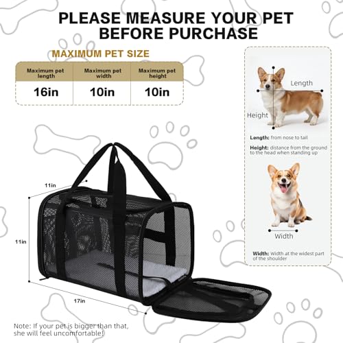 Dog Carrier Pet Carrier for Small Medium Cats Dogs Puppies up to 16 Lbs, TSA Airline Approved, Soft Sided, Collapsible Cat Bag Carrrier (Black, 17 * 11 * 11) - color: black, size: 17*11*11