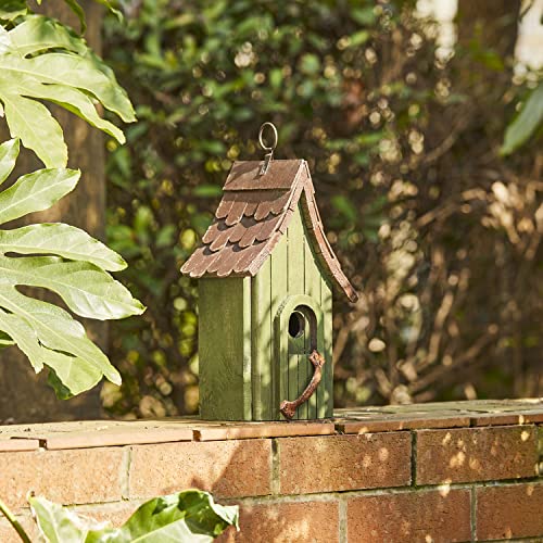 Glitzhome Birdhouses for Outdoors, Hand Painted Garden Hanging Wooden Bird House with Single Roof for Outside, Country Cottages for Bluebird Swallow Sparrow Hummingbird Finch Cardinals Cedar, Green - color: 11.75"H Distressed