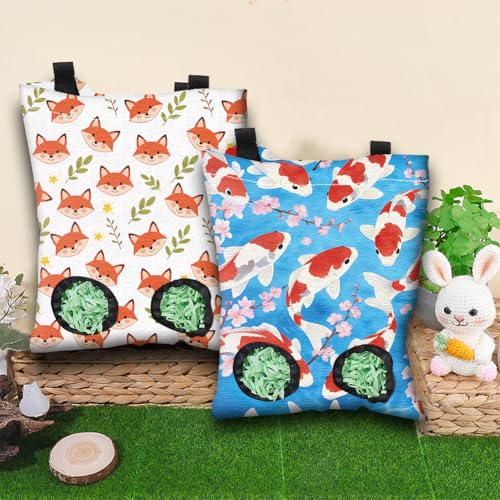 2 Styles Rabbit Hay Feeder for Guinea Pigs 11.6 x 9.1 Inch, Hanging Hay Feeder Bag 2 Pack Fox Fish Pattern Cloth Washable Feeding Storage Holder with 2 Holes for Bunny Chinchillas Hamsters - color: Fox