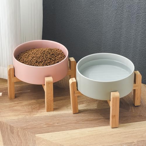 6'' Ceramic Raised Dog Bowl - 30Oz Dog Food & Water Bowl with Elevated Non-Slip Bamboo Stand, Dishwasher & Microwave Safe, Anti Vomiting Heavy Duty Pet Bowl for Small and Medium Dogs, Grey - color: 1 x Bowl + Stand - Grey, size: 6 inch