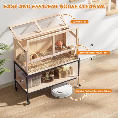 COZIWOW Hamster Cage Chewproof, 39"X18"X40" Movable Large Hamster Habitat | 4 Lockable Caster Wheels, Storage Shelf, Openable Top, Wooden Small Animals Cage for Guinea Pig, Hedgehog, Gerbil, Rat, Mouse - size: 39"L x 18"W x 40"H
