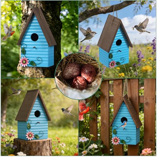 Blue Bird Houses for Outside,Wooden Hanging BirdHouses for Yard | Country Style Bluebird Houses for Outdoors,Hummingbird Nest Box for Small Bird Bluebird Wren - color: Light Blue
