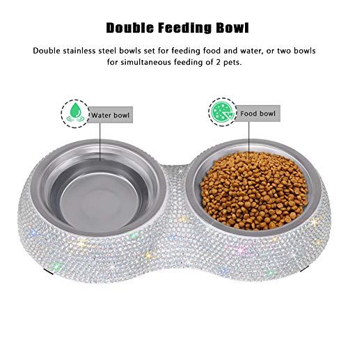 SAVORI Small Dog Bowls, Handmade Bling Rhinestones Stainless Steel Pet Bowls Double Food Water Feeder for Puppy Cats Dogs Cats (AB Color-320ml) - color: AB Color-320ml