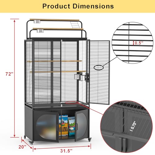 GDLF 72-Inch Parrot Bird Cage with Play Top and Storage Cabinet | Includes a UV-blocking cover, removable cleaning tray, four stainless steel bowls, perches, and lockable rolling casters