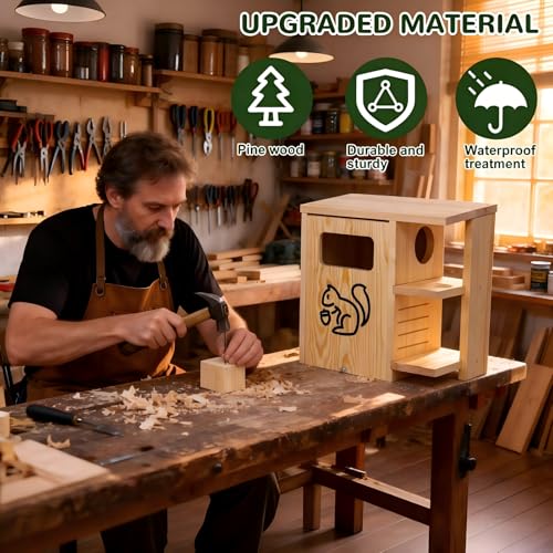 Extra Large Wooden Squirrel House for Outside | Dual Protective Entry Design, with Squirrel Feeder, Squirrel Nesting Box with Multi-Platforms for Nesting & Shelter - size: Extra Large
