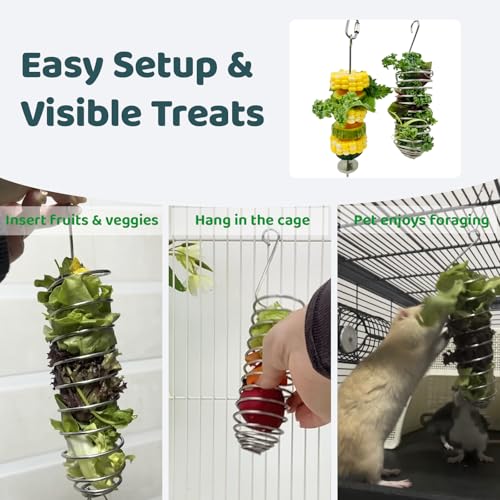 Rat Toys 2 Pack Cage Accessories, 304 Stainless Steel Veggie Fruit Slow Feeder Hanging Holder, Rodent Toys Foraging Enrichment Stuff for Bird, Fancy Mice, Hamster, Guinea Pig, Chinchilla Squirrel
