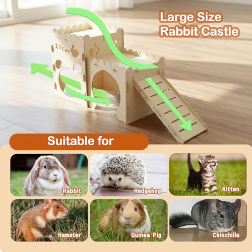 Large Rabbit Castle, Wooden Bunny House,Detachable Rabbit Hideaway, Indoor Hamster Castle with Ramp, Small Animal Houses & Habitats for Guinea Pig Chinchilla Ferret(2 House) - size: Large - 2-House