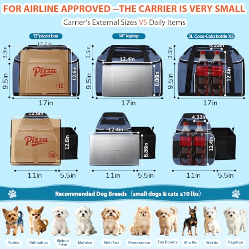 Top and Side Expandable Small Pet Carrier Airline Approved, Blue | 17"Lx11"Wx9.5"H, for Alaska Airlines, Pets Under 10 Lbs, Lockable Zippers,Soft-Sided, Anti-Scratch Mesh - color: Blue, size: 17.0"L x 11.0"W x 9.5"H