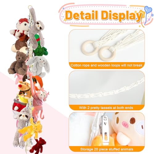 Stuffed Animal Storage Hammock Corner Hanging Stuffed Animal Holder | Boho Stuffed Animal Organizer Chain with 20 PCS Metal Clips for Hanging Hats Socks Holiday Cards - color: 1pc Beige