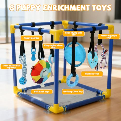 Puppy Play Gym, Dog Activity Center with 8 Hanging Toys, PVC Frame | 8 Enrichment Toys for Busy Play, Soft Mat for Rest, Non-Slip Feet for Stable Play, Adjustable Straps, Cats and Small Pets