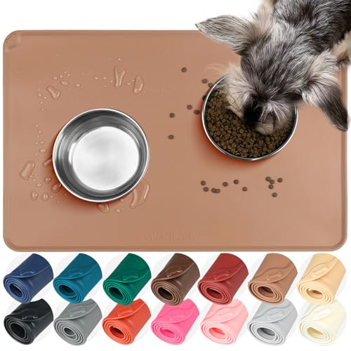VIVAGLORY Pet Food Mat Flexmat Dog Bowl Mat, L, Khaki | Non Slip Silicone for Pet Kitten & Doggy, Placemat with Lip for Floor - color: Khaki, size: L (24.0 x 15.7in)