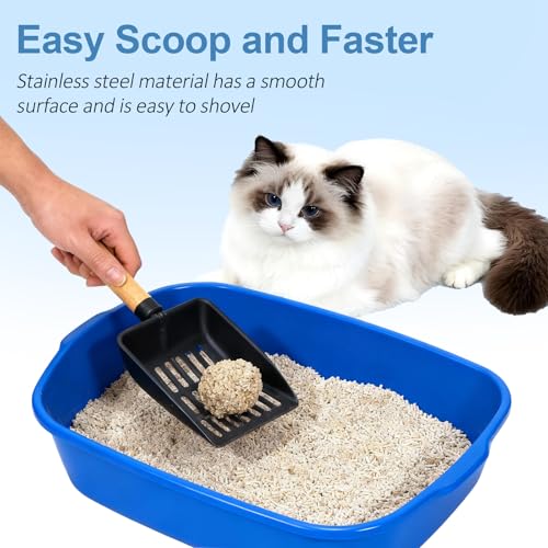 Cat Litter Scoop, Metal Litter Scoop, Short | Heavy Duty Metal Cat Scooper for Litter Box, Black Sifter Scoop for Pellets, Wooden Handle Scoop with Hole, Kitty Necessity - size: Cat Litter Scoop Short