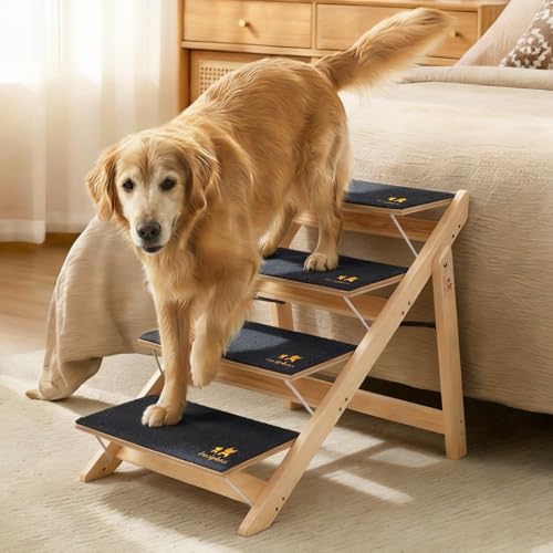 Luciphia Wooden 2-in-1 Dog Stairs, 4-Step Foldable Anti-Slip Pet Steps | For beds, cars, and couch, supports up to 220lbs, ideal for small, aged, and injured dogs and cats, indoor and outdoor use
