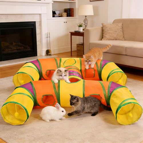 Cat Tunnels for Indoor Cats, Pet Tube Toy with Play Balls | H-4-Way Collapsible Tunnel with Interactive Hole for Kitty, Kitten, Rabbit, Puppy (Rainbow) - color: Rainbow
