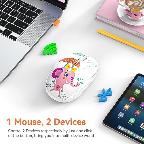 FMOUSE Cute Cartoon Silent Wireless Mouse, Dual Mode Bluetooth & USB 2.4G | Pink Elephant Pattern, Ideal for Kids Students & Office Use | AA Battery Powered | Compatible with Laptop Mac iPad Tablet PC - color: Pink Elephant
