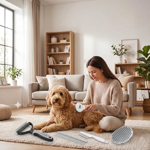 5-in-1 Dog Grooming Kit with Self Cleaning Brush & Rake, Grey | Complete Cat & Dog Hair Remover Tool Set with Self-Cleaning Slicker Brush & Dematting Rake for Home Pet Grooming Supply - color: Gray