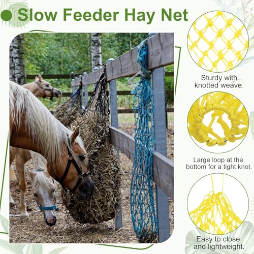 Slow Feeder Hay Net, 40" Length 2" Holes Strong Load-Bearing, Nylon Slow Feed Bag Hay Feeder, (Yellow, 2 Pcs), Intended for Horses/Goats/Trailer/Stall - color: Yellow