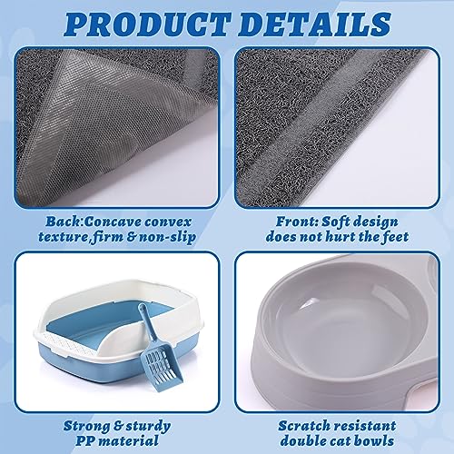 Sliner 7 Pcs Kitten Litter Box Starter Kit, 2 Plastic Small Kitty Litter Box Training Low Entry with Scoop, 2 Double Cat Bowl and Mat for Kitten Indoor(Blue) - color: Blue