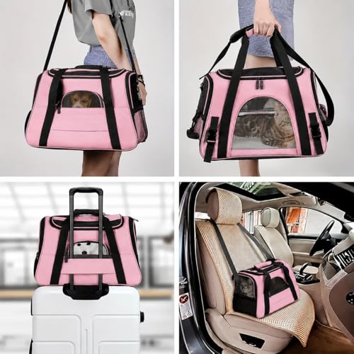 Cat Carrier Bag, Airline Approved Soft Carrier for Cats & Small Dogs | Airline approved pet carrier for pets under 15lb, breathable mesh with privacy cover, lightweight, foldable & washable - color: Pink